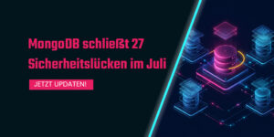 Blog-Titelgrafik von Enginsight zu 27 MongoDB-Sicherheitslücken im Juli 2026, mit abstrakter Darstellung eines Datenbank-Clusters in Magenta und Cyan