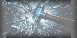 BlueHammer Windows Zero-Day: Blauer Stahlhammer zerschmettert Glasfenster – symbolisiert die ungepatchte Local Privilege Escalation über den Windows-Defender-Update-Prozess, bei der Angreifer von Standardrechten zu NT AUTHORITY\SYSTEM eskalieren können.