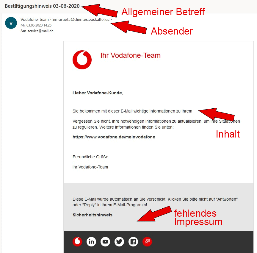 Phishing-Mail Beispiel Vodafone