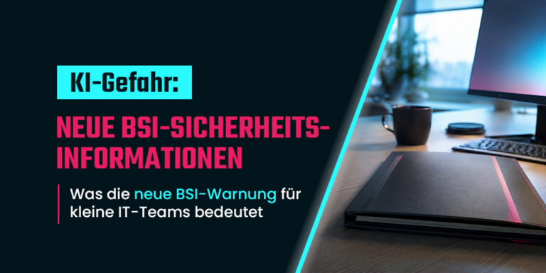 Dunkle Dokumentenmappe auf einem aufgeräumten Schreibtisch im Morgenlicht, daneben Kaffeetasse, Tastatur und Monitor – Symbolbild zur neuen BSI-Sicherheitsinformation.