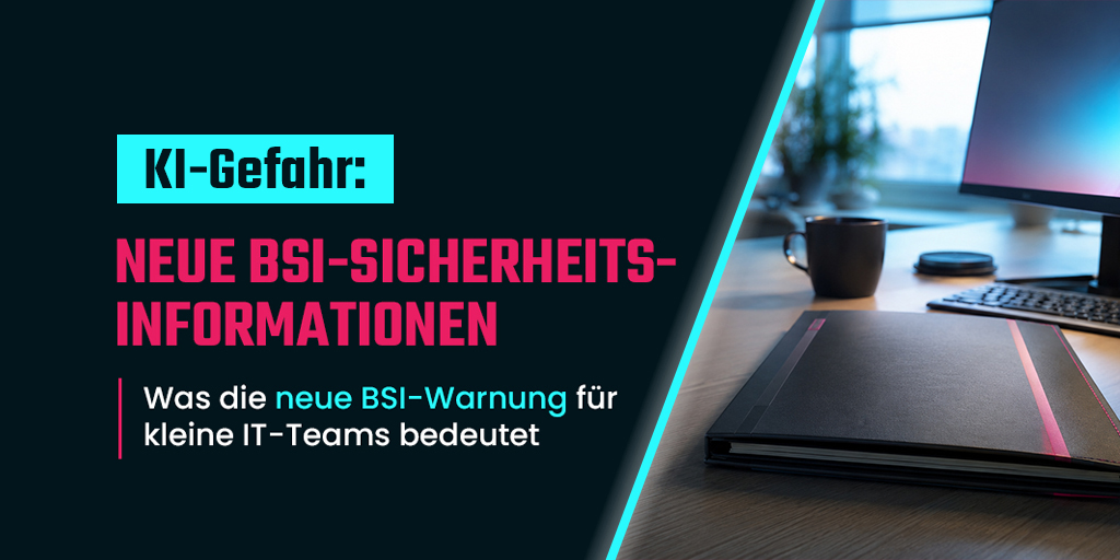 Dunkle Dokumentenmappe auf einem aufgeräumten Schreibtisch im Morgenlicht, daneben Kaffeetasse, Tastatur und Monitor – Symbolbild zur neuen BSI-Sicherheitsinformation.
