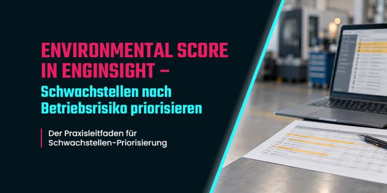 Laptop mit priorisierter Schwachstellenliste, ausgedruckte Host-Übersicht mit gelb markierten Zeilen und ein gefrästes Aluminiumteil auf einem Arbeitstisch in einer Fertigungshalle – Environmental Score in Enginsight.