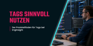 IT-Administrator arbeitet an einem Monitor mit farblich gruppierter Tag-Übersicht in einem Serverraum
